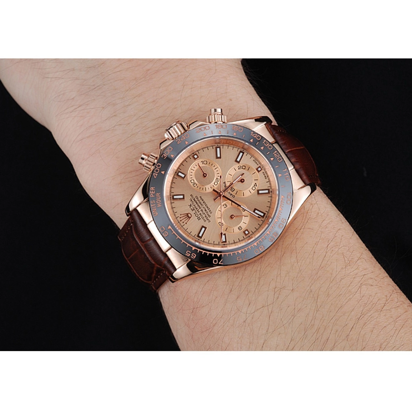 Aaa replica watch Gold Brown Brown Rolex Dial Leather Cosmograph Rose Daytona 1454243 Case Bracelet 0717